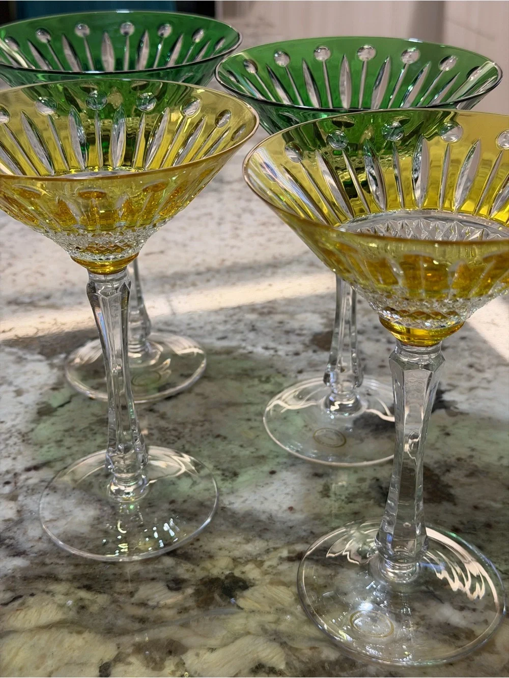 Vtg Handmade Hungarian Martini Glasses Set of 4 Emerald Green & Yellow Crystal